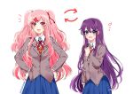  2girls :d :o alternate_hair_length alternate_hairstyle artist_name bangs blue_skirt commentary directional_arrow doki_doki_literature_club english_commentary eyebrows_visible_through_hair eyes_visible_through_hair fang flying_sweatdrops grey_jacket hair_between_eyes hair_ornament hair_ribbon hairclip hand_on_own_chest hands_on_hips jacket long_hair long_sleeves looking_at_viewer multiple_girls natsuki_(doki_doki_literature_club) open_mouth outline pink_eyes pink_hair pleated_skirt purple_eyes purple_hair red_ribbon ribbon role_reversal savi_(byakushimc) school_uniform simple_background skirt smile two_side_up very_long_hair white_background white_outline wing_collar yuri_(doki_doki_literature_club) 
