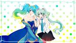  2girls aqua_eyes aqua_hair aqua_neckwear bangs bare_arms bare_shoulders black_skirt blonde_hair blue_dress blue_eyes breasts cleavage collarbone commentary crossover dress english_commentary gradient_hair green_hair hair_between_eyes hand_up hands_up hatsune_miku league_of_legends long_hair look-alike looking_at_viewer medium_breasts multicolored_hair multiple_girls necktie number_tattoo parted_lips pleated_skirt polka_dot polka_dot_background savi_(byakushimc) shirt shoulder_tattoo simple_background skirt sleeveless sleeveless_shirt smile sona_buvelle strapless strapless_dress tattoo twintails very_long_hair vocaloid white_shirt wide_sleeves wing_collar 