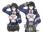  1boy 1girl akira_howard artist_request astral_chain blush brother_and_sister brown_eyes brown_hair chain gloves hair_ornament jacket long_sleeves police police_uniform short_hair siblings simple_background smile twins uniform white_background 