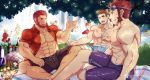  abs amakusa_shirou_(fate) bara beard beowulf_(fate/grand_order) black_hair blue_eyes brown_hair bulge chest commission crossed_legs facial_hair fate/grand_order fate_(series) gilgamesh gilgamesh_(caster)_(fate) highres jewelry male_focus male_swimwear mascot multiple_boys muscle napoleon_bonaparte_(fate/grand_order) necklace nipples one_eye_closed open_clothes pectorals picnic rider_(fate/zero) scar sengo_muramasa_(fate) shirt short_sleeves shorts smile swim_briefs swimming swimsuit swimwear tattoo topless yaoi yaosan233 