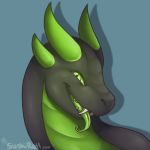  1:1 2019 5ushiroll ambiguous_gender asp_the_wyvern blue_background digital_media_(artwork) digital_painting_(artwork) dragon fangs feral forked_tongue green_eyes green_horn green_scales green_tongue grey_scales headshot_portrait horn looking_at_viewer open_mouth open_smile portrait scales scalie simple_background smile solo tongue tongue_out watermark 