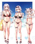  3girls animal_ear_fluff animal_ears arm_up armpits ass_visible_through_thighs azur_lane bare_arms bare_legs bare_shoulders belfast_(azur_lane) bikini black_bikini blue_eyes braid breasts cameltoe cat_ears chiyingzai choker cleavage closed_mouth collarbone commentary_request eyewear_on_head flower frilled_bikini frills front-tie_top frown full_body groin hair_flower hair_ornament hair_rings halter_top halterneck hammann_(azur_lane) heart heart-shaped_eyewear height_difference highres holding innertube large_breasts leg_garter long_hair looking_at_viewer multiple_girls navel o-ring o-ring_bikini off_shoulder parted_lips purple_eyes red_eyes sandals scrunchie short_hair short_ponytail side-by-side silver_hair sirius_(azur_lane) sirius_(midsummer_seirios)_(azur_lane) small_breasts smile sparkle standing stomach strap_slip sunglasses swimsuit thigh_gap thighs twintails white_bikini wrist_scrunchie 