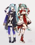  2girls :d bangs black_cape black_footwear blue_eyes blue_hair boots breasts buzz cape closed_fan closed_mouth commentary_request dress dual_persona eyebrows_visible_through_hair fan folding_fan green_eyes green_hair grey_background hair_between_eyes hair_bun hatsune_miku high_heel_boots high_heels highres holding holding_fan long_hair looking_at_viewer multiple_girls open_mouth pantyhose platform_footwear purple_legwear simple_background sleeveless small_breasts smile standing standing_on_one_leg strapless strapless_dress twintails very_long_hair vocaloid white_dress white_footwear 