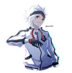  1boy black_gloves bracelet facial_mark gloves grin headband jacket jewelry kei-suwabe long_sleeves looking_at_viewer male_focus piroparu red_eyes simple_background sketch smile solo twitter_username upper_body virtual_caligrapher_piroparu virtual_youtuber white_background white_hair white_jacket 