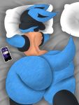  2019 ambiguous_gender anthro bed big_butt blue_fur butt digital_media_(artwork) female fluffy fur hi_res huge_butt lucario male nintendo phone pillow pok&eacute;mon pok&eacute;mon_(species) sleeping smile solo thick_thighs traashmann video_games 