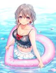  1girl bare_arms bare_shoulders bikini_skirt blurry blush breasts cleavage closed_mouth collarbone crop_top depth_of_field earrings frills grey_hair heart-shaped_innertube innertube jewelry large_breasts looking_at_viewer midriff moyui_(myi_005) navel original partially_submerged petals pink_eyes plaid plaid_shirt shirt short_hair skirt sleeveless sleeveless_shirt smile solo spaghetti_strap water white_skirt 