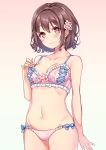  1girl bangs blue_bow blush bow bow_panties bra breasts brown_eyes brown_hair closed_mouth collarbone eyebrows_visible_through_hair flower frilled_bra frills groin hair_between_eyes hair_flower hair_ornament hand_on_own_chest lingerie looking_at_viewer medium_breasts moyui_(myi_005) navel original panties pink_bra pink_panties short_hair simple_background smile solo standing underwear underwear_only 