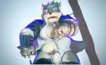  5_fingers anthro biped bottomwear bulge canid canine canis clothed clothing domestic_dog fingers fur humanoid_hands male mammal moritaka multicolored_fur pubes ramenbeny solo tokyo_afterschool_summoners topwear two_tone_fur video_games 