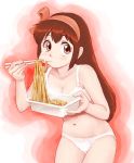  1girl bra breasts brown_hair cleavage commentary_request eating food hair_ornament highres lafolie long_hair looking_at_viewer miracle_lingerie noodles panties ribbon solo underwear yakisoba 