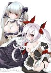  2girls ass azur_lane black_legwear black_panties breasts cleavage collarbone commentary_request detached_sleeves dress formidable_(azur_lane) gothic_lolita grey_hair hair_between_eyes hair_ribbon highres large_breasts leotard lolita_fashion looking_at_viewer multiple_girls p.i.t.d panties red_eyes ribbon seiza silver_hair simple_background sitting thighhighs twintails underwear vampire_(azur_lane) white_background 