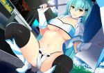  1girl :d aqua_hair bandeau bangs bikini black_bikini black_legwear blue_sky blush boots breasts day eyebrows_visible_through_hair fingerless_gloves gloves green_eyes hair_ornament hairclip highleg highleg_bikini holding holding_umbrella kantai_collection knee_boots large_breasts long_hair looking_at_viewer micro_shorts navel open_fly open_mouth outdoors race_queen shorts sidelocks skindentation sky smile solo spread_legs squatting stomach suzuya_(kantai_collection) swimsuit thighhighs thighs ton_ton_tontoro umbrella white_gloves white_shorts 