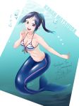  1girl :d air_bubble artist_name black_hair blue_hair breasts bubble character_name commission english_text full_body gradient_hair highres index_finger_raised long_hair looking_at_viewer love_live! love_live!_school_idol_project love_live!_sunshine!! matsuura_kanan medium_breasts mermaid monster_girl monsterification multicolored_hair navel nawoto_oota open_mouth ponytail purple_eyes signature simple_background smile solo striped_bikini_top thank_you underwater 