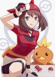  1girl :q arm_up bandana bike_shorts black_shorts blue_eyes brown_hair csyko fanny_pack gen_3_pokemon gloves haruka_(pokemon) holding holding_poke_ball poke_ball poke_ball_(generic) poke_ball_theme pokemon pokemon_(creature) pokemon_(game) pokemon_rse shorts smile tongue tongue_out torchic 