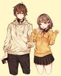  1boy 1girl :d bangs black_pants black_skirt blush breasts brown_hair brown_hoodie cellphone closed_mouth cropped_legs drawstring eyebrows_visible_through_hair hair_ornament hairclip hand_in_pocket height_difference holding holding_cellphone holding_phone hood hood_down long_sleeves looking_at_viewer miniskirt moyui_(myi_005) neck_ribbon open_mouth orange_background orange_eyes original pants phone pleated_skirt red_neckwear red_ribbon ribbon skirt sleeves_past_wrists small_breasts smartphone smile star starry_background sweater v yellow_sweater 