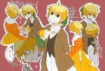  1boy 1girl 7:24 aku_no_musume_(vocaloid) allen_avadonia blonde_hair blue_eyes brother_and_sister cravat crossdressing decapitation dress evillious_nendaiki green_ribbon hair_ribbon hand_on_own_chest highres holding_hands holding_head kagamine_len kagamine_rin open_mouth ribbon riliane_lucifen_d&#039;autriche severed_head shaded_face siblings sidelocks sketch sweat translation_request twins vocaloid yellow_dress 