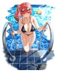 1girl ahoge alternate_costume azur_lane bare_shoulders bikini bird black_bikini blurry blurry_background breasts chick cleavage collarbone eyebrows_visible_through_hair goggles goggles_on_head large_breasts lifebuoy looking_at_viewer manjuu_(azur_lane) mouth_hold mr_cloud navel official_art palm_tree pool pool_ladder poolside red_hair side_ponytail solo swimsuit thigh_gap thighs tile_floor tiles tree water whistle whistle_around_neck zara_(azur_lane) zara_(poolside_coincidence)_(azur_lane) 