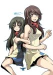  2girls back-to-back bare_shoulders black_hair breasts brown_eyes brown_hair dated hair_between_eyes locked_arms long_hair looking_at_viewer minashiro_orihime multiple_girls open_mouth pael sidelocks sitting skirt sleeveless small_breasts smile soukyuu_no_fafner tatekami_seri teeth 