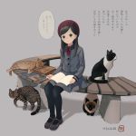  1girl animal bench beret black_eyes black_footwear black_hair black_legwear cat colored_pencil dated grey_jacket grey_skirt hair_ornament hairclip hat highres holding holding_pencil jacket kokudou_juunigou long_hair neck_ribbon one_eye_closed original pantyhose pencil pleated_skirt red_headwear red_ribbon ribbon shadow shoes sitting sitting_on_bench skirt solo translation_request 