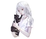  1girl animal bangs black_cat brown_eyes cat highres holding holding_animal holding_cat klasse14 long_hair original parted_lips shirone_(coxo_ii) shirt short_sleeves simple_background solo upper_body watch white_background white_hair white_shirt wristwatch 