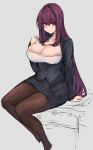  1girl absurdres arm_up bespectacled blush breasts buttons cleavage collarbone desk eyebrows_visible_through_hair fate/grand_order fate_(series) fingernails glasses grey_background hair_intakes highres large_breasts long_hair long_sleeves on_desk pantyhose purple_hair red_eyes scathach_(fate)_(all) scathach_(fate/grand_order) shinpu_(sky301006201) sitting sitting_on_desk sketch skirt smile solo teacher 