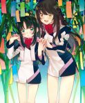  2girls alternate_eye_color bamboo black_hair blush brown_eyes green_eyes holding_hands long_hair long_sleeves mea3942 minashiro_orihime miniskirt multiple_girls open_mouth skirt smile soukyuu_no_fafner tatekami_seri teeth uniform vest yuri 