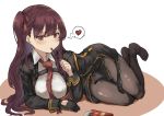  1girl bangs black_legwear blush breasts eating eyebrows_visible_through_hair food girls_frontline gloves hair_ribbon heart highres kintsuba large_breasts long_hair long_sleeves lying necktie on_side one_side_up pantyhose pocky red_neckwear ribbon simple_background single_glove solo speech_bubble spoken_heart wa2000_(girls_frontline) 