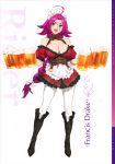  1girl absurdres ahoge alcohol apron bare_shoulders beer blue_eyes blush boots bow braid breasts cleavage corset cross-laced_footwear cup detached_sleeves dress fate/extra fate/grand_order fate_(series) francis_drake_(fate) frilled_dress frilled_sleeves frills full_body hair_bow high_heel_boots high_heels highres holding holding_cup knee_boots lace-up_boots large_breasts long_hair looking_at_viewer maid maid_apron maid_headdress open_mouth pantyhose pink_hair red_dress scan scar short_dress simple_background single_braid smile solo standing very_long_hair white_background white_legwear yang-do 