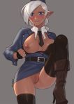  1girl :q artist_name belt black_bra black_gloves black_legwear black_neckwear blue_eyes blush boots bra bra_pull breasts brown_footwear censored commentary commission dark_elf dark_skin elf fingerless_gloves gloves grey_background hat high_heel_boots high_heels highres knee_boots knee_up long_hair long_sleeves looking_at_viewer medium_breasts mosaic_censoring necktie nipples no_panties open_clothes original pointy_ears simple_background smile solo sunna_(nilsunna) thighhighs tongue tongue_out underwear white_hair 