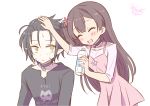  1boy 1girl black_hair bottle brown_hair choker closed_eyes killian_phegor long_hair petting pointy_ears pop-up_story serizawa_shion shinigami simple_background smile sweat water_bottle white_background yellow_eyes yoichi_(mokusei_karubi) 