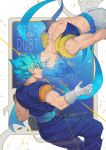  2boys abs arms_at_sides blue_eyes blue_hair blue_theme clenched_teeth closed_eyes clothes_lift commentary dougi dragon_ball dragon_ball_super dragon_ball_super_broly earrings english_commentary english_text expressionless face-to-face facing_away feet_out_of_frame gloves gogeta grin jewelry libeuo_(liveolivel) light_smile looking_at_another male_focus multiple_boys muscle night night_sky no_nipples pants potara_earrings profile shirtless shooting_star simple_background sky smile spiked_hair star star_(sky) starry_background starry_sky super_saiyan_blue teeth text_focus twitter_username upside-down vegetto waistcoat white_background white_gloves white_pants white_theme yellow_theme 