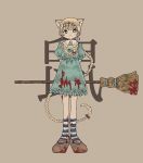  1girl absurdly_long_hair animal_ears aqua_dress arms_behind_back bangs blonde_hair blood blood_splatter bloody_clothes bloody_weapon braid broom brown_background brown_footwear cat_ears dress eyebrows_visible_through_hair frilled_dress frills full_body highres long_hair looking_at_viewer original puffy_short_sleeves puffy_sleeves sakura_szm shoes short_sleeves simple_background socks solo standing striped striped_legwear very_long_hair weapon 
