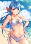  1girl bare_shoulders beach bikini blue_hair blue_sky breasts cleavage cloud collarbone contrapposto cowboy_shot day floating_hair hair_ribbon hands_on_hips long_hair looking_at_viewer navel ocean original outdoors red_eyes red_ribbon ribbon sand sidelocks sky small_breasts solo stomach sugarbeat swimsuit white_bikini wind yukari_(sugarbeat) 