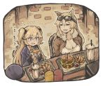 2girls absurdres animal_ears blazer blonde_hair blue_eyes blue_headwear blush breasts cleavage closed_eyes cup drinking_straw eyebrows_visible_through_hair fang food french_fries fur_collar fur_trim girls_frontline goggles goggles_on_head hamburger hat hat_removed headwear_removed highres holding indoors jacket ketchup kintsuba large_breasts long_hair long_sleeves mossberg_500_(girls_frontline) multiple_girls open_blazer open_clothes open_jacket open_mouth saliva sitting skin_fang sparkle sparkling_eyes super_shorty_(girls_frontline) sweat two_side_up 