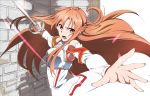  1girl asuna_(sao) bare_shoulders breastplate brown_eyes brown_hair detached_sleeves dress holding holding_sword holding_weapon kuma8132 long_hair looking_at_viewer open_mouth solo sword sword_art_online teeth weapon 
