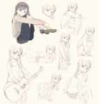  1girl :o arm_support bangs bare_arms bare_shoulders black_skirt blush braid brown_background brown_cardigan brown_eyes brown_footwear brown_hair camisole cardigan closed_mouth collared_shirt desk eighth_note eyebrows_visible_through_hair guitar hair_ornament hairclip highres holding holding_instrument instrument knees_up kokudou_juunigou leaning_forward loafers long_hair long_sleeves looking_at_viewer looking_back lying multiple_views musical_note neck_ribbon no_shoes on_stomach original parted_lips pleated_skirt quarter_note ribbon school_desk shirt shoes short_shorts shorts sitting skirt sleeves_past_wrists socks thighhighs white_legwear white_shirt 