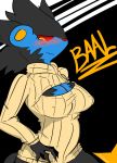  anthro anthrofied badassbaal better_version_at_source big_breasts blush breasts cleavage cleavage_cutout clothed clothing embarrassed hand_on_hip keyhole_turtleneck looking_down luxray nintendo pok&eacute;mon pok&eacute;mon_(species) simple_background sweater topwear video_games 