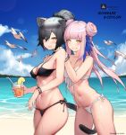 2girls animal_ear_fluff animal_ears arknights bangs beach bendy_straw bikini black_bikini blue_sky blunt_bangs blurry blurry_background blush bracelet breasts brown_eyes ceylon_(arknights) character_name cleavage cloud commentary_request copyright_name cup day depth_of_field double_bun drink drinking_glass drinking_straw ear_piercing eyebrows_visible_through_hair food fruit grin hair_between_eyes hands_on_another&#039;s_shoulders high_ponytail highres holding holding_cup horizon jewelry kuhnowushi lemon lemon_slice long_hair medium_breasts multiple_girls navel ocean outdoors parted_lips piercing pink_hair ponytail schwarz_(arknights) side-tie_bikini sky smile swimsuit tail v-shaped_eyebrows very_long_hair water wet white_bikini yellow_eyes 