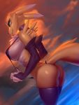  2019 anthro big_breasts blue_eyes breasts butt claws clothing digimon digimon_(species) female fur hi_res long_ears looking_at_viewer looking_back mammal rear_view renamon skygracer smile solo standing yellow_fur 