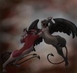  2019 angel_wing arven92 azazel black_fur black_wing brother claws demon digital_media_(artwork) domestic_cat duel feathers felid feline feral fight fur grey_fur horn inkwinq leviathan mammal red_fur sa-chat sibling simple_background spade_tail teeth wings 