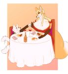  2017 absurd_res age_difference alcohol anthro beverage big_breasts big_tail bottle bread breasts canid canine canis catherine_du_bois cleavage clothed clothing cub cutlery digital_media_(artwork) domestic_dog duo eyewear female food fork fox fur furniture glasses hair happy hi_res holding_object huge_breasts kitchen_utensils larger_female long_hair looking_down looking_up male mammal meal meat older_female restaurant simple_background sitting size_difference smaller_male smile sylviajo table tailwag tools willy_(ohs688) wine young younger_male 