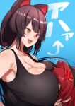  1girl 2girls :3 animal_ears blue_background breast_smother breasts brown_eyes brown_hair cat_ears cleavage collarbone commentary_request hair_intakes heterochromia highres huge_breasts long_hair looking_down multiple_girls nuezou red_eyes red_hair smile solo translation_request 