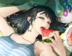  black_hair close fan food fruit green_eyes necklace original short_hair signed tajima_yukie watermelon 