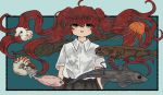  1girl bangs blue_background blush border brown_eyes collared_shirt eyebrows_visible_through_hair fish_request flapjack_octopus floating_hair hair_between_eyes highres jellyfish long_hair looking_at_viewer open_mouth original red_hair sakura_szm shirt short_sleeves smile solo sparkle twintails upper_body very_long_hair white_shirt 