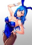  1girl animal_ears bangs bare_shoulders blue_hair blue_leotard blush bow bowtie breasts bunny_ears bunnysuit cleavage collarbone covered_navel detached_collar fake_animal_ears gradient gradient_background hand_on_hip hand_up highleg highleg_leotard large_breasts leotard long_hair looking_at_viewer minori_(sugarbeat) original pantyhose parted_lips red_eyes sidelocks simple_background skindentation smile solo sugarbeat wrist_cuffs 