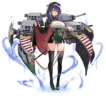  1girl aiguillette azur_lane bangs beret between_breasts black_cloak black_hair black_headwear black_legwear blush breasts buttons cannon cape character_name cleavage cloak closed_mouth covered_navel dress eyebrows_visible_through_hair fire full_body glint gloves gradient_hair green_dress green_footwear grin hand_on_hilt hand_up hat heart high_heels long_hair long_sleeves medal military military_uniform mr_cloud multicolored_hair pola_(azur_lane) purple_hair red_eyes rigging saber_(weapon) sheath sheathed short_dress side_slit sidelocks skindentation sleeve_cuffs smile standing sword taut_clothes taut_dress thighhighs turret uniform weapon white_gloves 