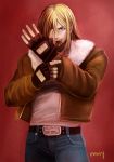  1boy adjusting_clothes adjusting_gloves blonde_hair blue_eyes bomber_jacket denim fatal_fury fingerless_gloves gloves hair_down highres jacket jeans long_hair mairry male_focus mark_of_the_wolves mouth_hold pants signature solo terry_bogard 