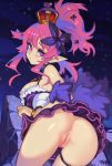  1girl anus ass bangle blush bracelet breasts bustier commentary crown disgaea english_commentary flat_ass hair_ribbon high_ponytail jewelry looking_at_viewer looking_back makai_senki_disgaea_5 medium_breasts night nipples no_bra no_panties optionaltypo outdoors pink_eyes pink_hair pointy_ears purple_skirt pussy ribbon seraphina_(disgaea) skindentation skirt solo thigh_strap uncensored 