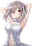  1girl :o ? armpits arms_behind_head arms_up bare_arms blush breasts center_opening cleavage dress frill_trim grey_hair hair_ornament halter_dress highres idolmaster idolmaster_cinderella_girls kanzaki_ranko kibihimi long_hair looking_to_the_side medium_breasts navel open_mouth red_eyes simple_background skirt sleeveless sleeveless_dress solo stomach twintails upper_body white_background white_dress white_skirt 