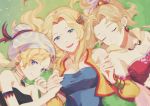  3girls blonde_hair blue_eyes breasts cape celes_chere cleavage closed_eyes earrings final_fantasy final_fantasy_vi hair_ornament hat highres holding_hands jewelry looking_at_viewer lying medium_breasts multiple_girls on_grass purple_eyes relm_arrowny smile strapless tina_branford tubetop upper_body vest yawai_tofu 