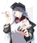 1girl bandana breasts brown_eyes cigarette commentary eyebrows_visible_through_hair g11_(girls_frontline) girls_frontline green_jacket hat highres jacket katuo1129 long_hair looking_at_viewer messy_hair off_shoulder open_mouth raised_eyebrow scarf shirt silver_hair simple_background small_breasts smoke solo standing tank_top upper_body white_shirt 